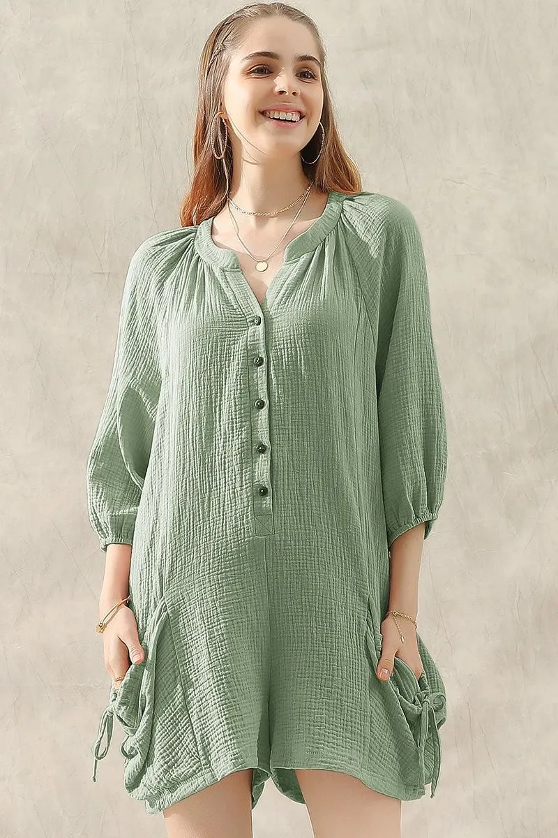 BUTTON UP DRAW STRING POCKET LONGSLEEVE JUMPSUIT