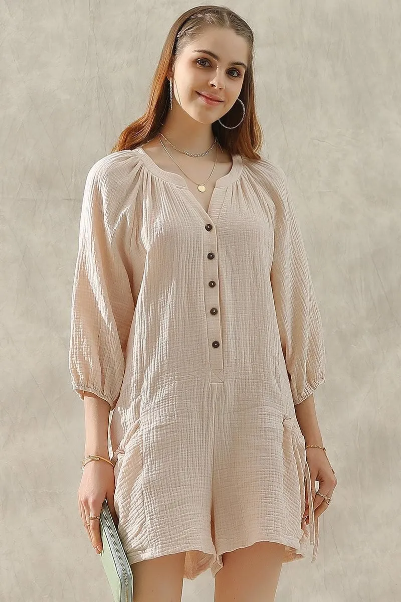 BUTTON UP DRAW STRING POCKET LONGSLEEVE JUMPSUIT