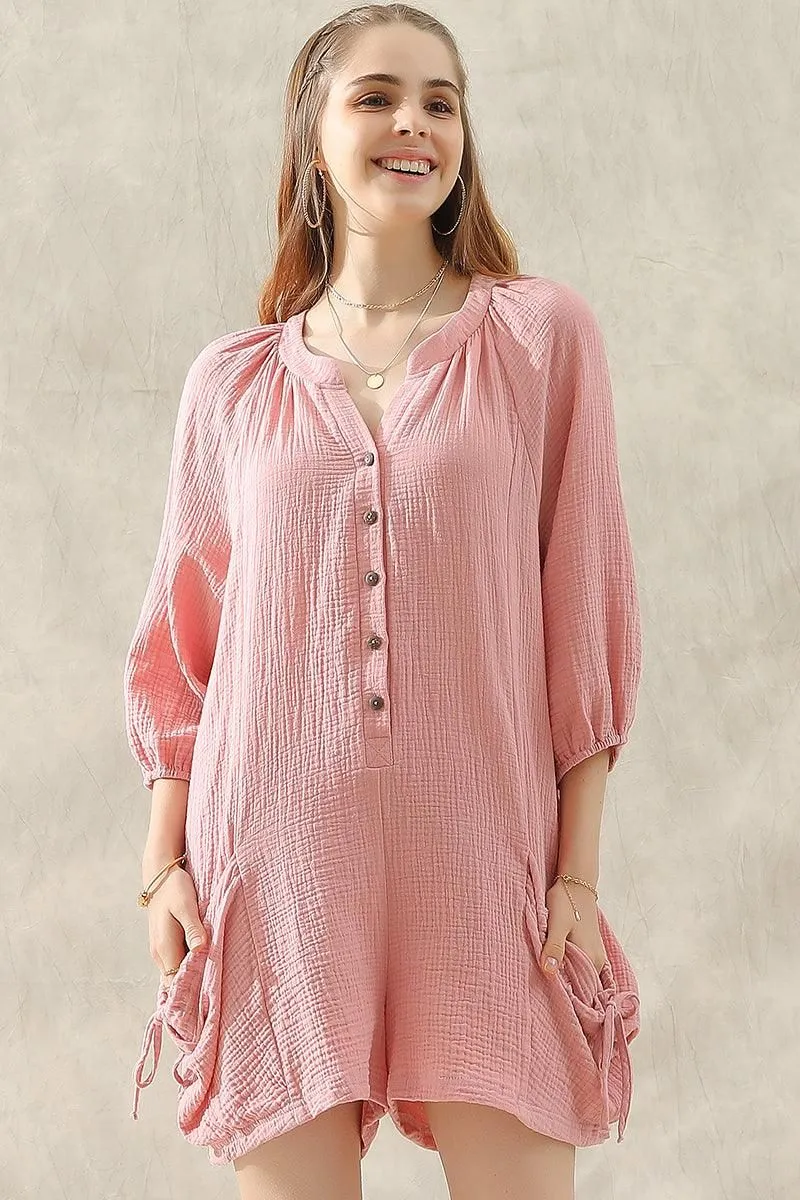 BUTTON UP DRAW STRING POCKET LONGSLEEVE JUMPSUIT