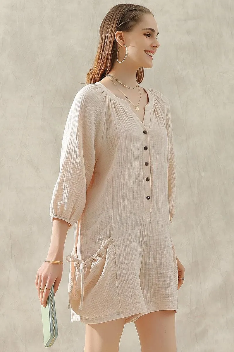 BUTTON UP DRAW STRING POCKET LONGSLEEVE JUMPSUIT