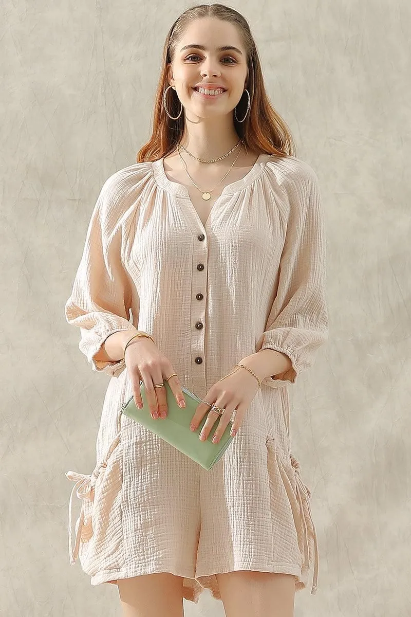 BUTTON UP DRAW STRING POCKET LONGSLEEVE JUMPSUIT