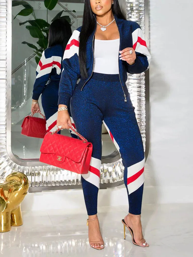 Casual Glitter Zip Jacket and Pants Set