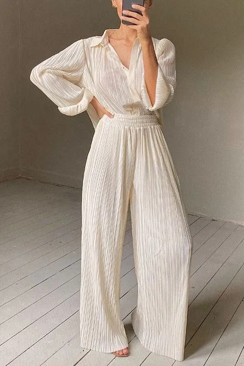 Casual Loose Pleated Collared Shirt And Wide Leg Trousers Loungewear Set