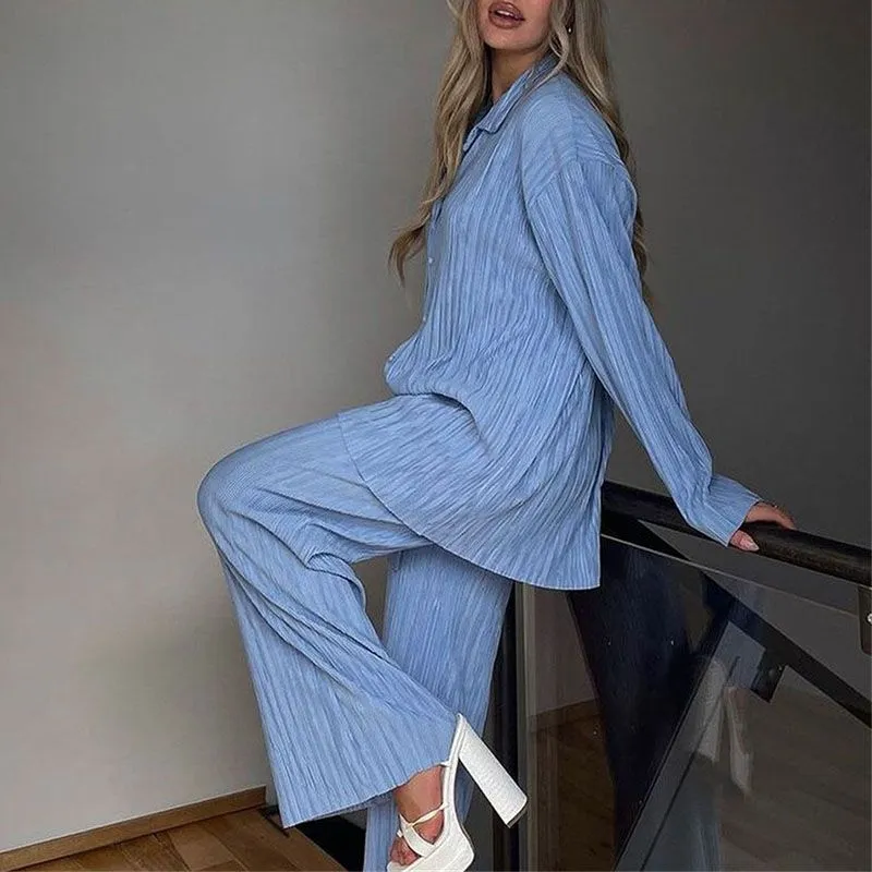 Casual Loose Pleated Collared Shirt And Wide Leg Trousers Loungewear Set