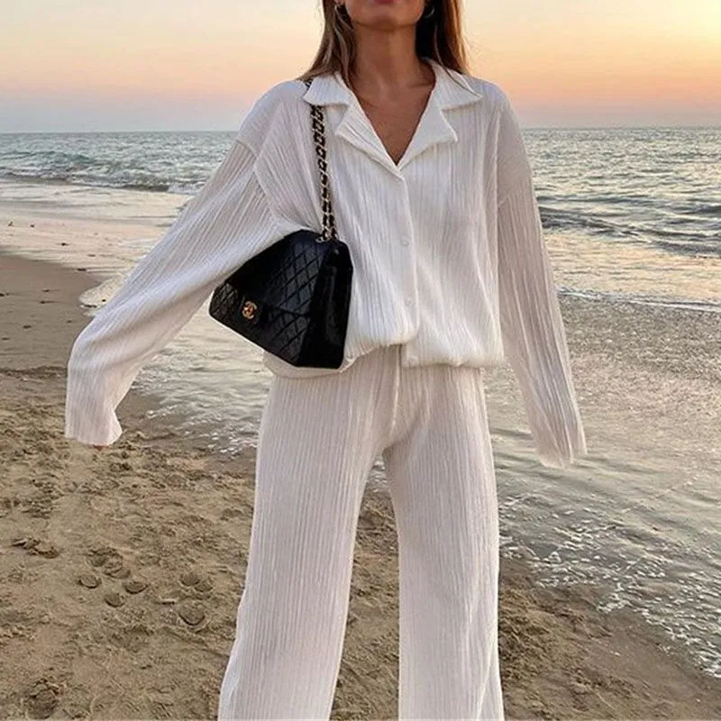 Casual Loose Pleated Collared Shirt And Wide Leg Trousers Loungewear Set