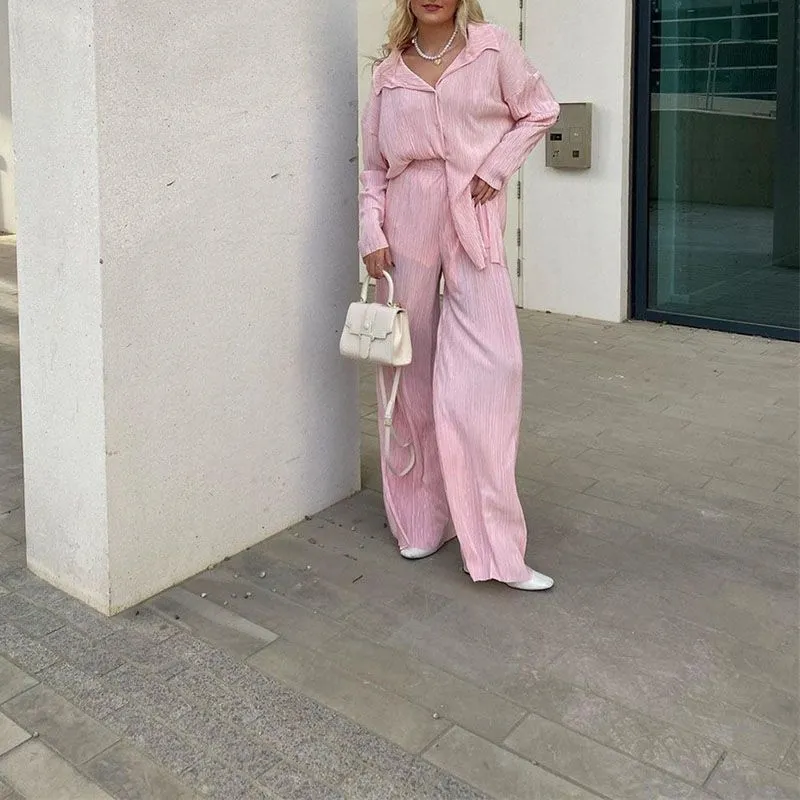 Casual Loose Pleated Collared Shirt And Wide Leg Trousers Loungewear Set