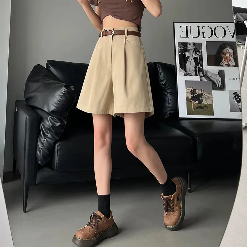 Casual Workwear Women's Shorts Summer Wide Leg High Waist Pockets Minimalism Loose Shorts