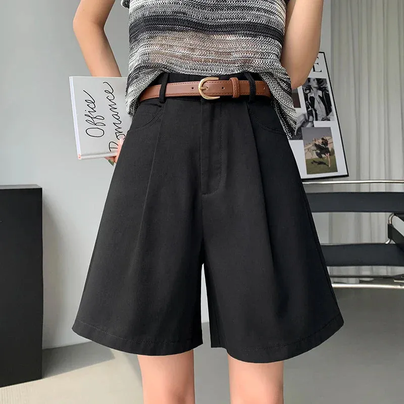 Casual Workwear Women's Shorts Summer Wide Leg High Waist Pockets Minimalism Loose Shorts