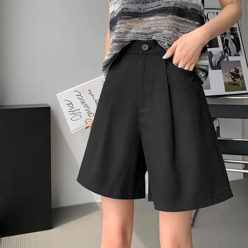 Casual Workwear Women's Shorts Summer Wide Leg High Waist Pockets Minimalism Loose Shorts