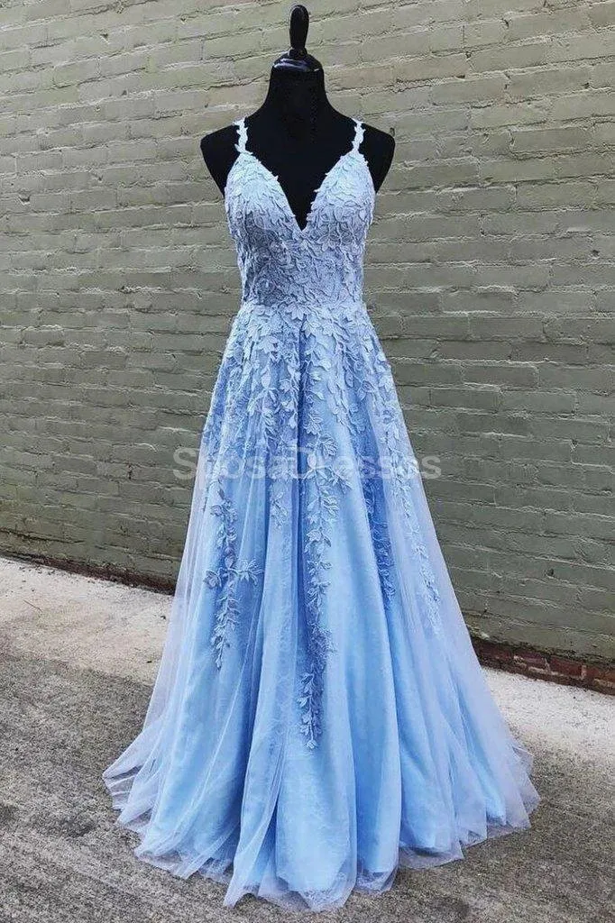 Cheap Blue Lace A-line Long Evening Prom Dresses, Evening Party Prom Dresses, 12228