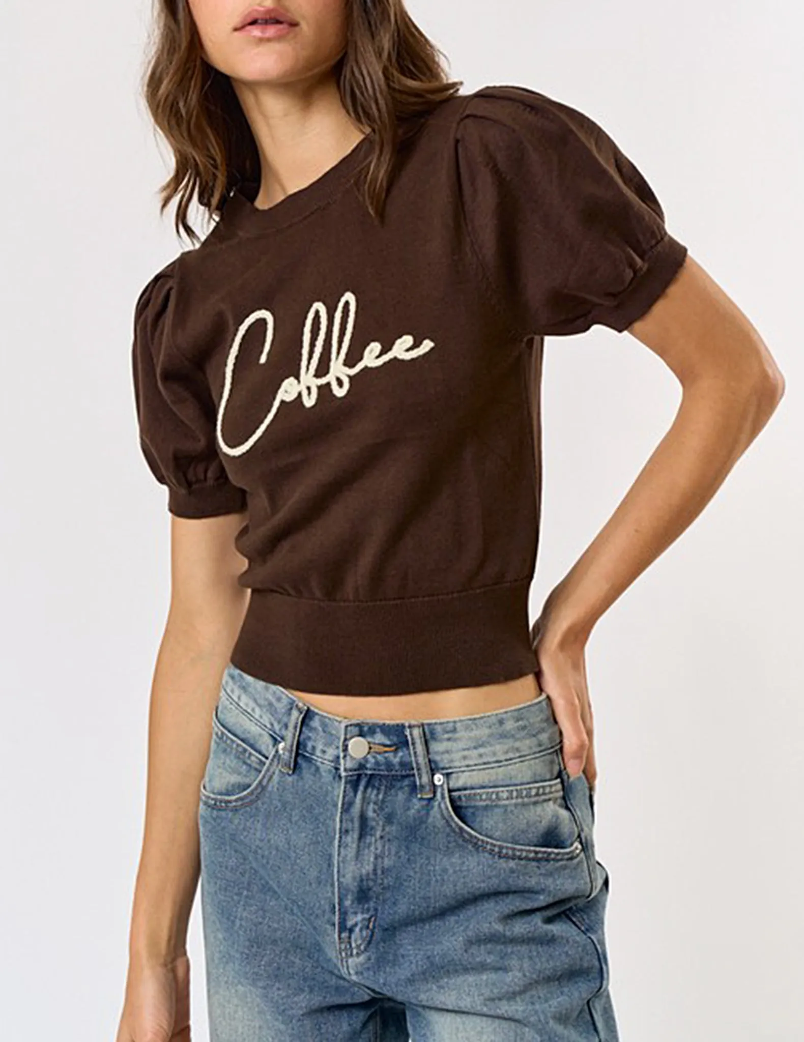 Coffee Embroidered Knit Top