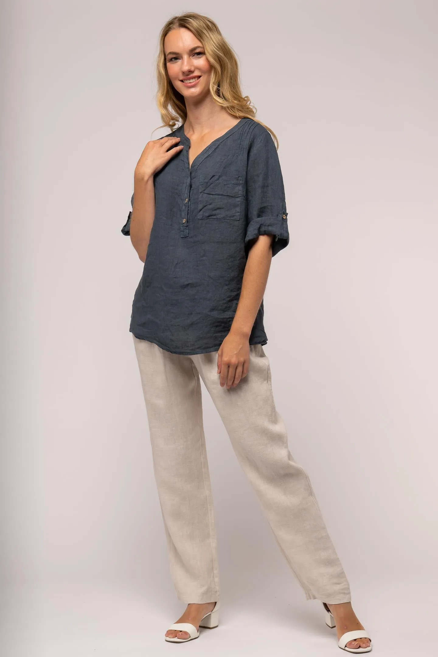 Collared V- Neck Linen  Shirt