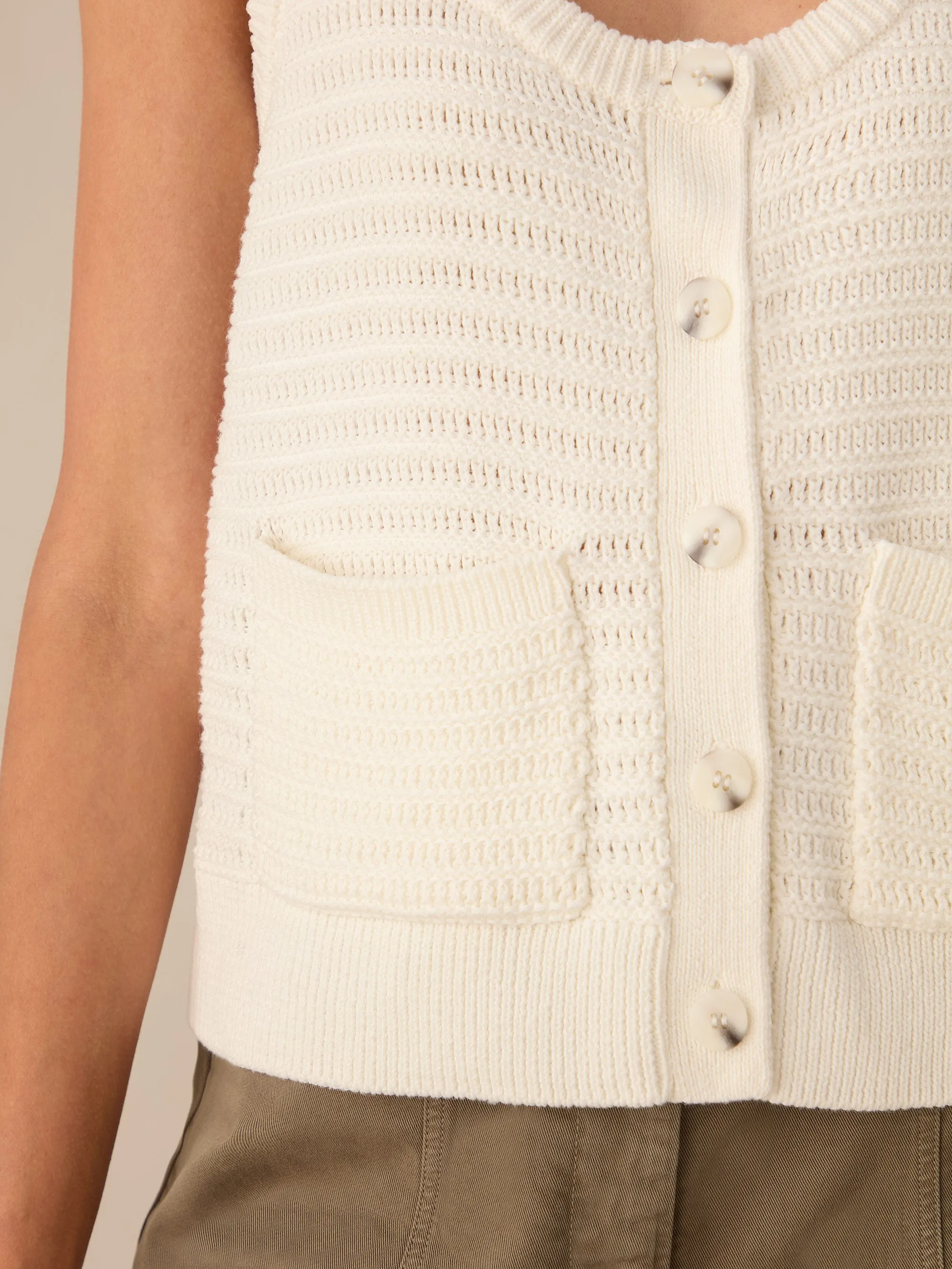 Cream Knitted Scoop Neck Button Vest