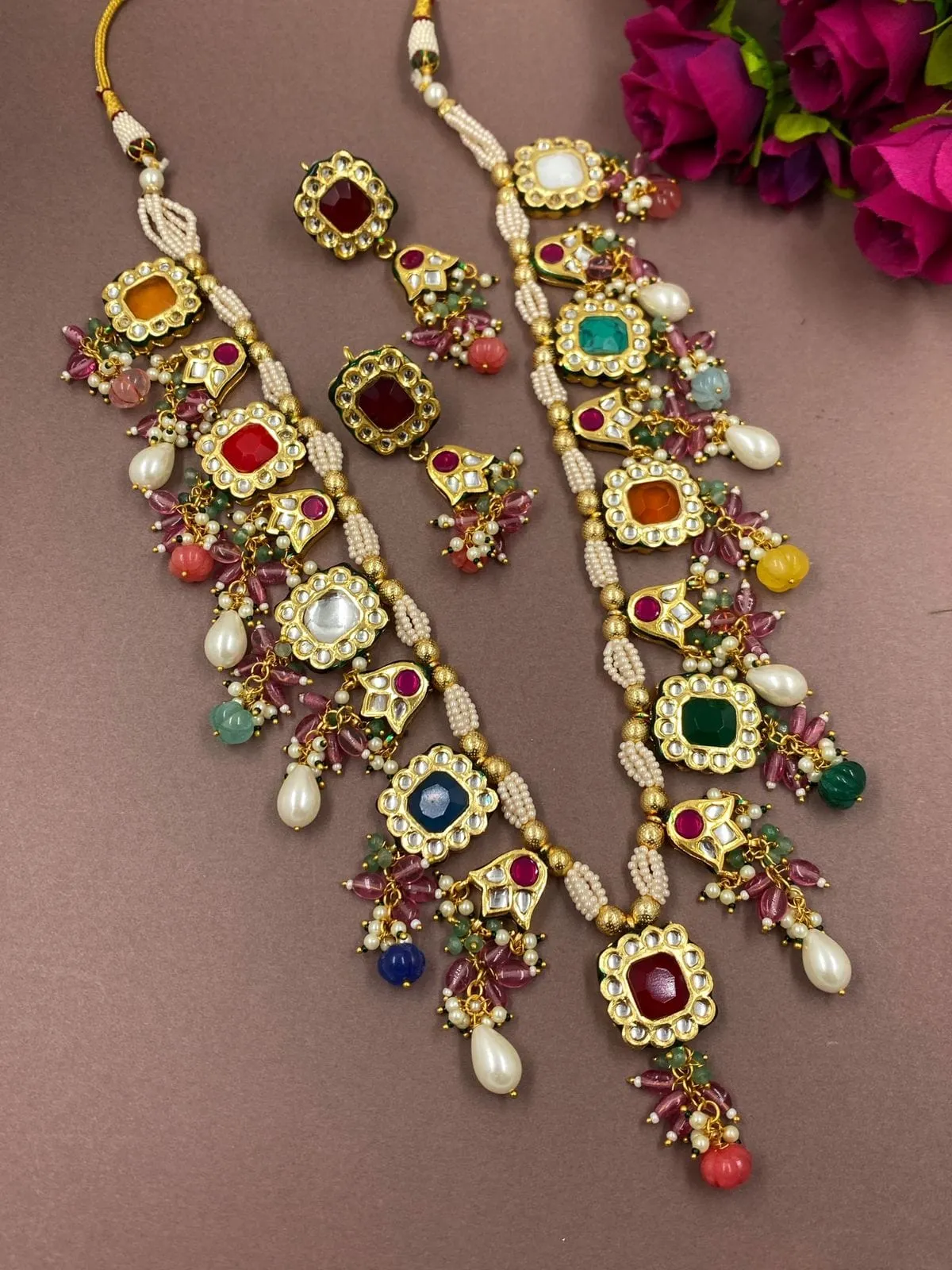 Designer Gold Plated Long Kundan Necklace With Multi Color Stones By Gehna Shop