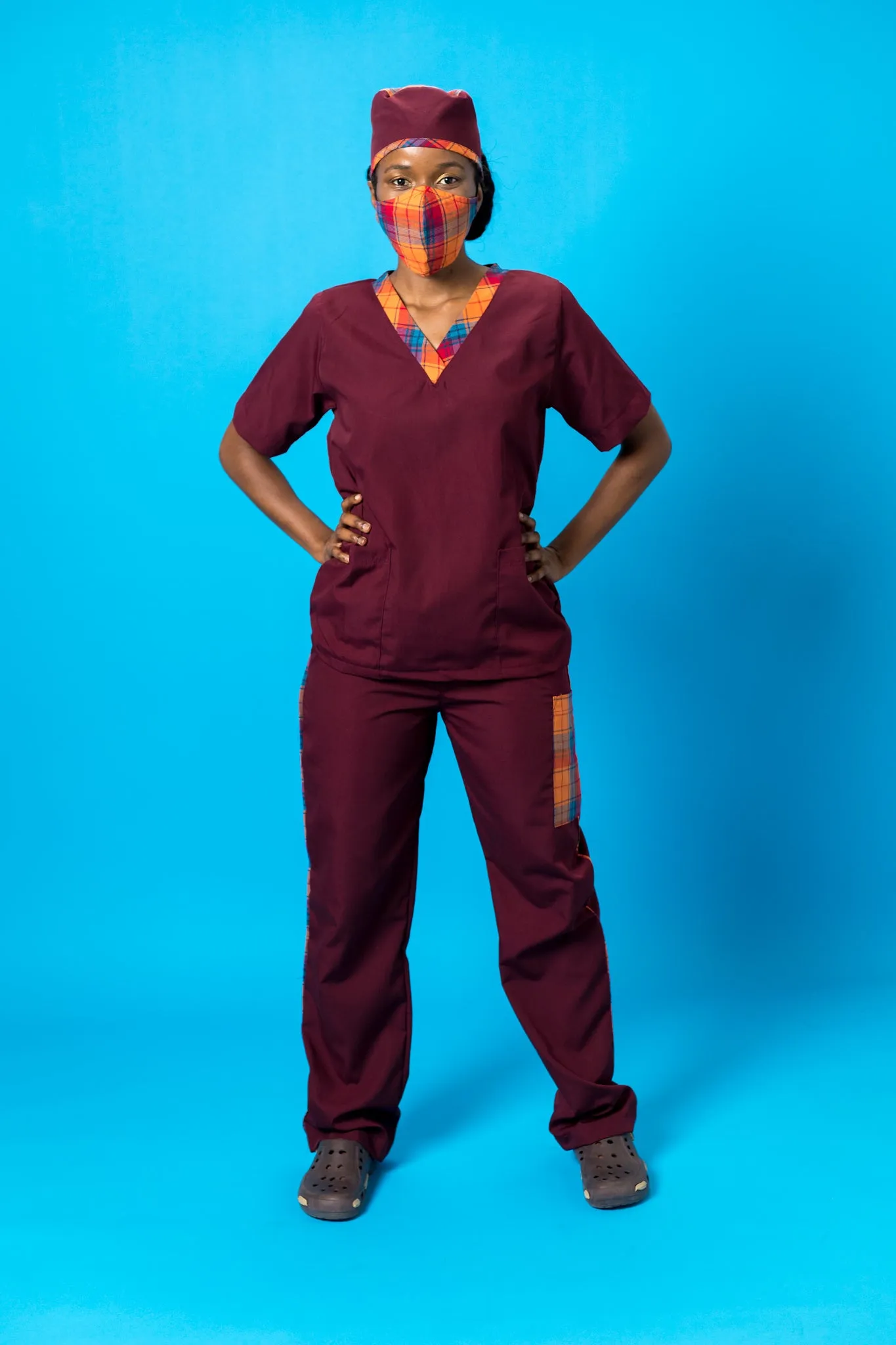 Doctor or Nurse Shield Burgundy Madras Scrubs Set