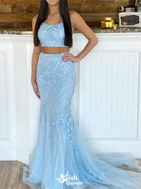 Elegant Two Pieces Light Blue Mermaid Spaghetti Straps Lace Up Lace Cheap Maxi Long Party Prom Gowns,Evening Dresses,WGP454