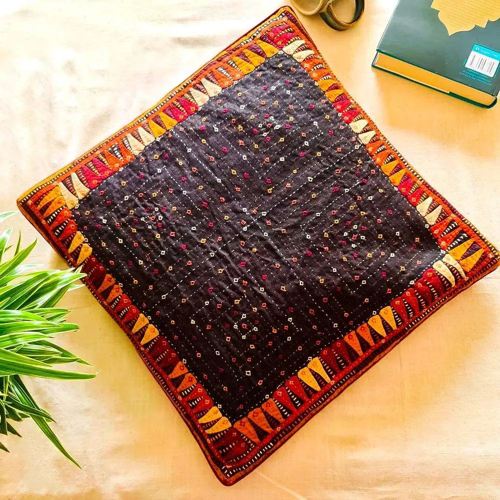 Embroidered Dhebariya Sebha Black Cushion Cover