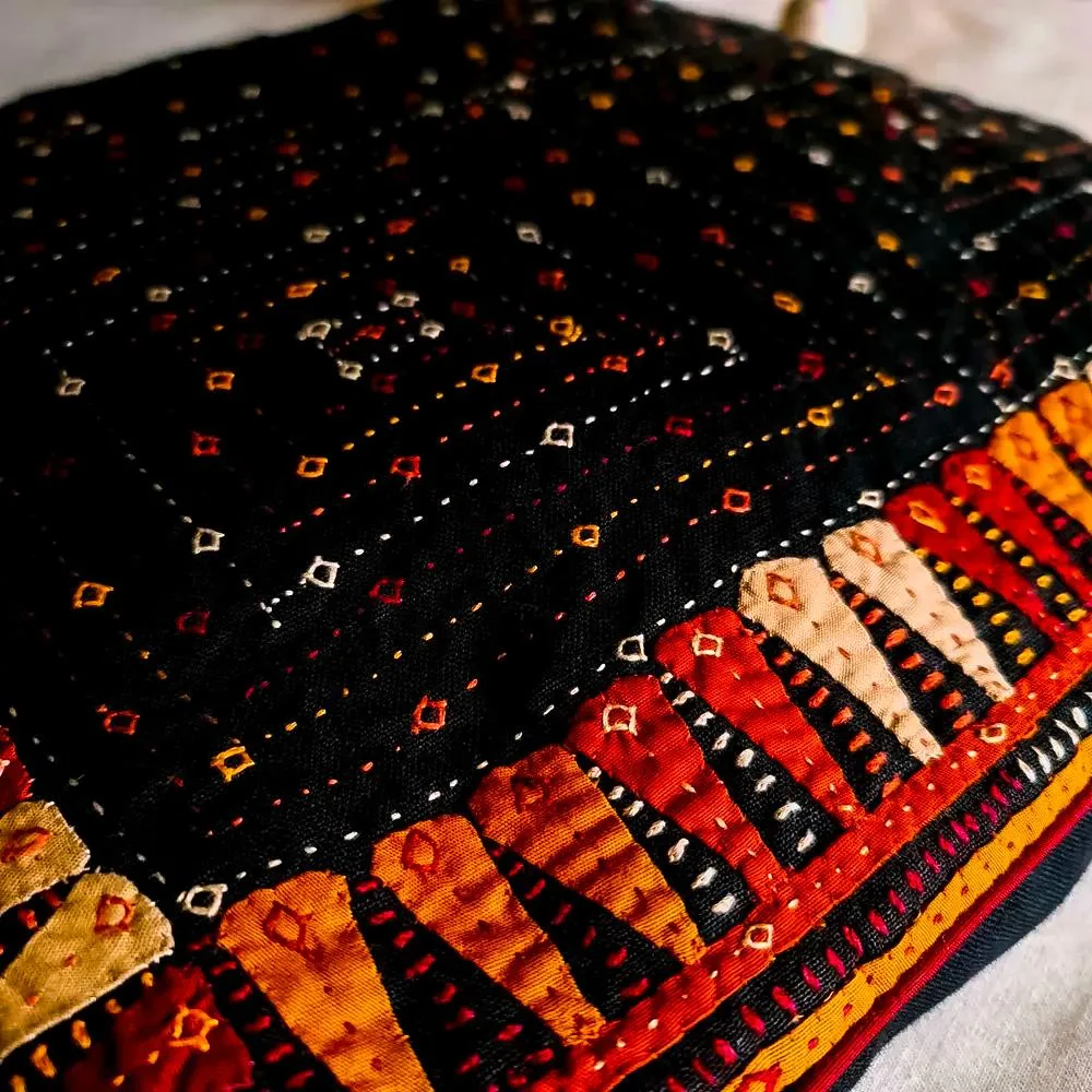 Embroidered Dhebariya Sebha Black Cushion Cover