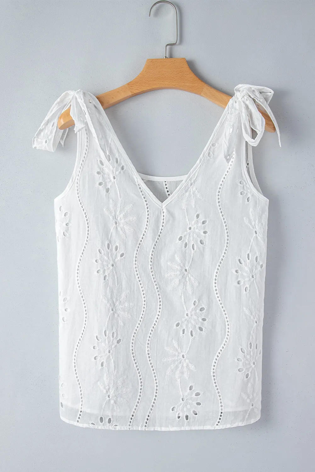 Embroidery Patterned Knotted Straps V Neck Tank Top