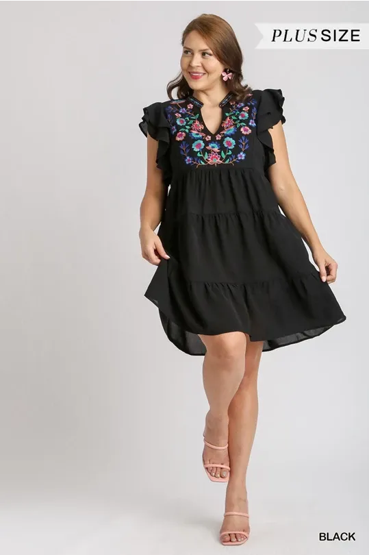 Embroidery Split Neck A-Line Dress