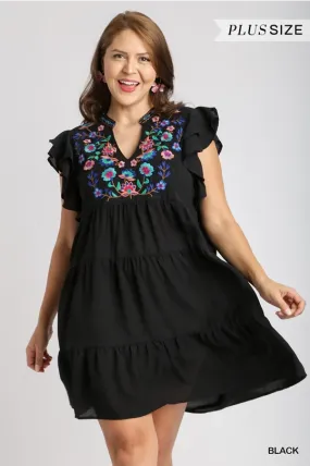 Embroidery Split Neck A-Line Dress