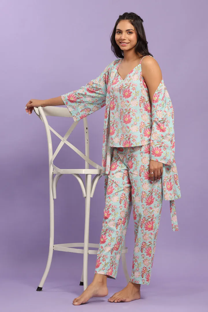 Enchanting Floral on Light Blue Cotton Three Piece Set