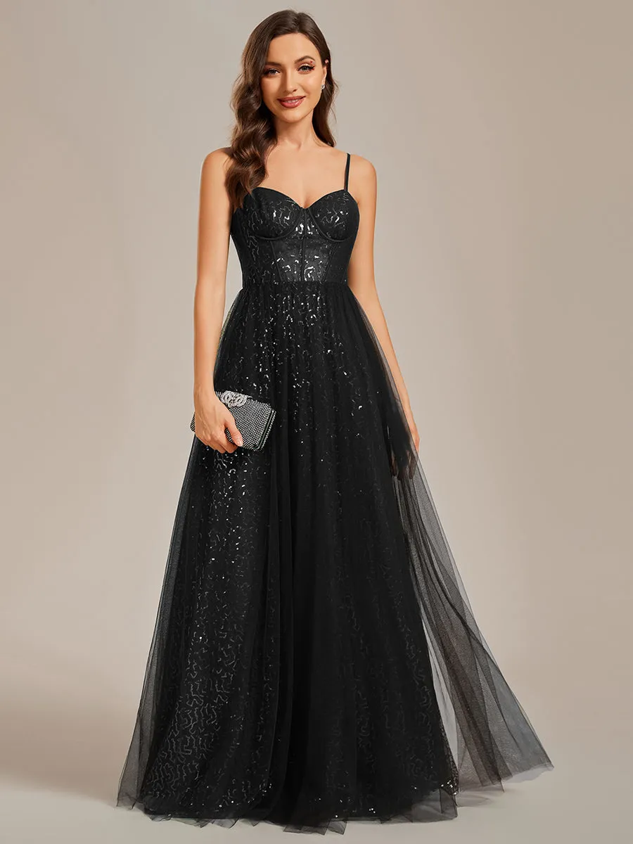 Exquisite Empire Waist Sequin Shiny A-Line Floor Length Sweetheart Neckline Spaghetti Straps Evening Dress