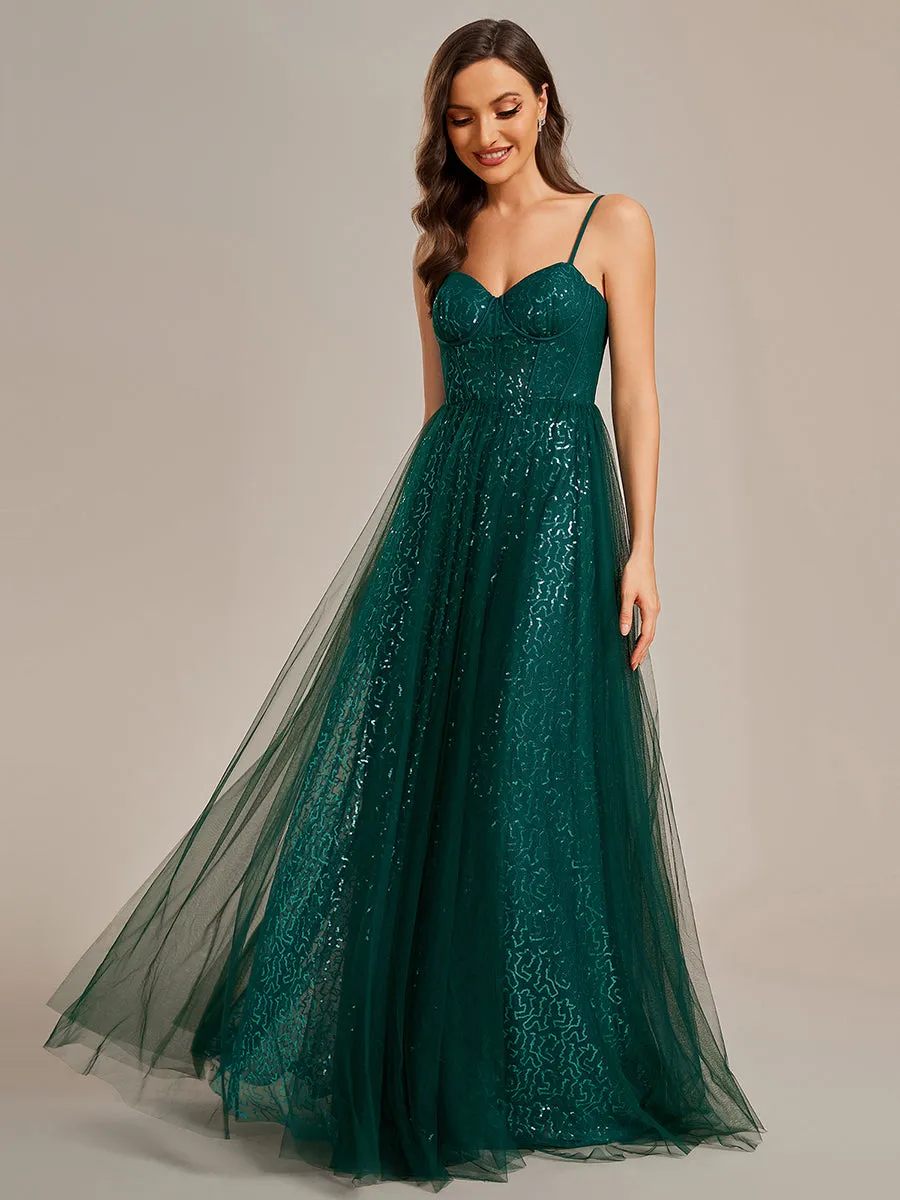 Exquisite Empire Waist Sequin Shiny A-Line Floor Length Sweetheart Neckline Spaghetti Straps Evening Dress