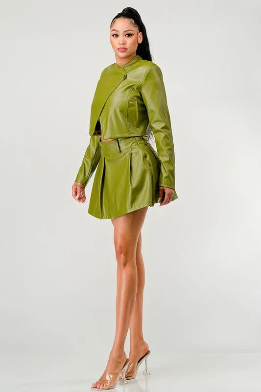 Faux Leather Jacket & Skirt Set - Olive