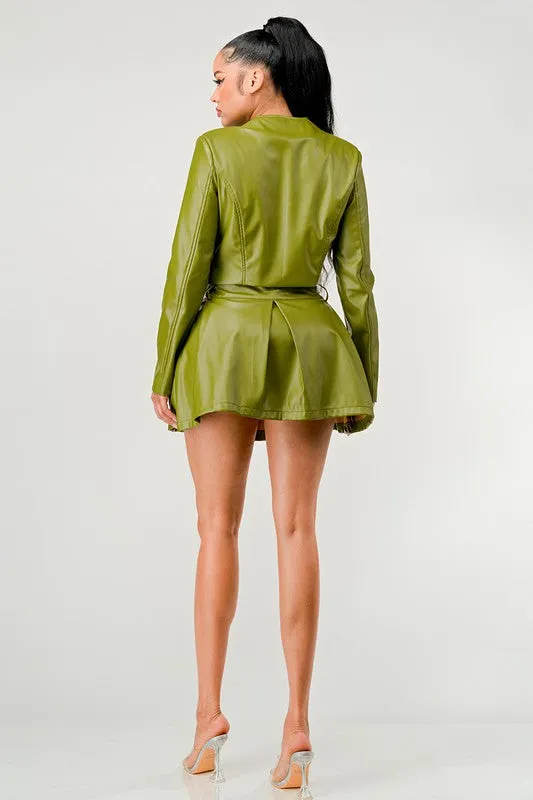 Faux Leather Jacket & Skirt Set - Olive