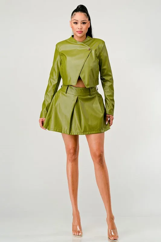 Faux Leather Jacket & Skirt Set - Olive