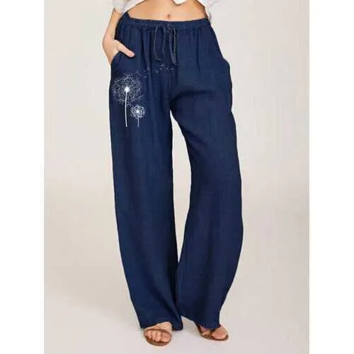 Flower Print Elastic Waist Pants