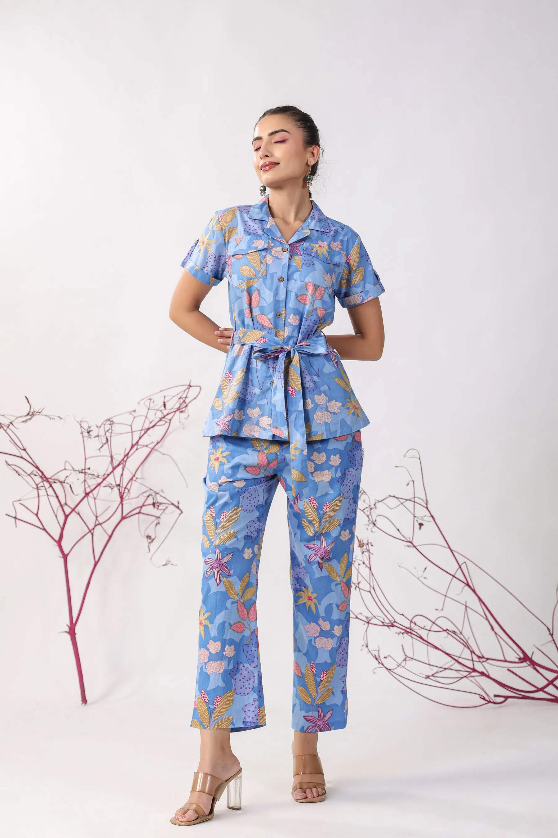 Flowers on Blue Cotton Coordinate Set