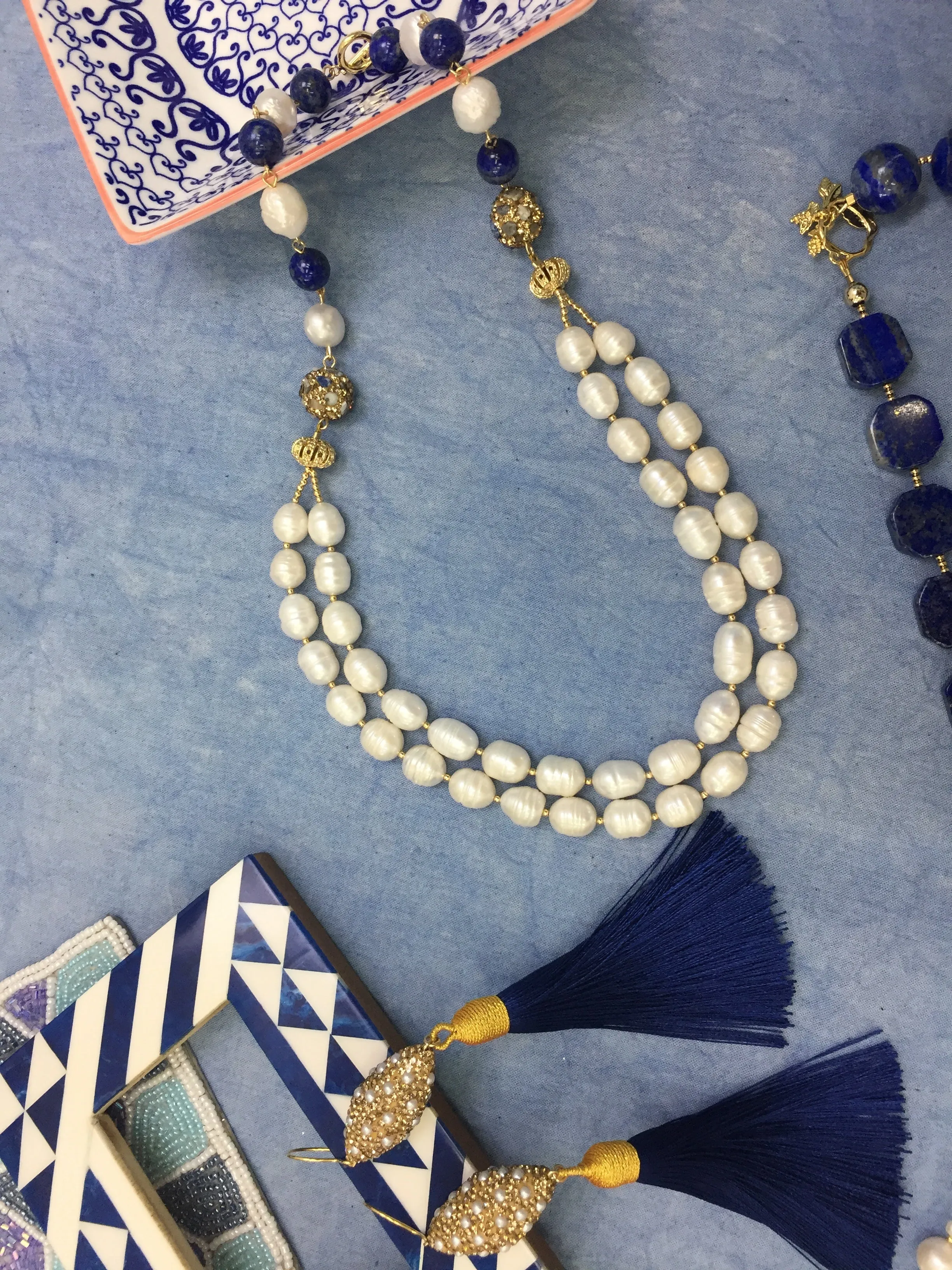 Freshwater Pearls With Lapis Double Strands Necklace CN004