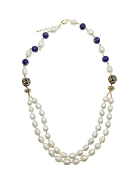 Freshwater Pearls With Lapis Double Strands Necklace CN004