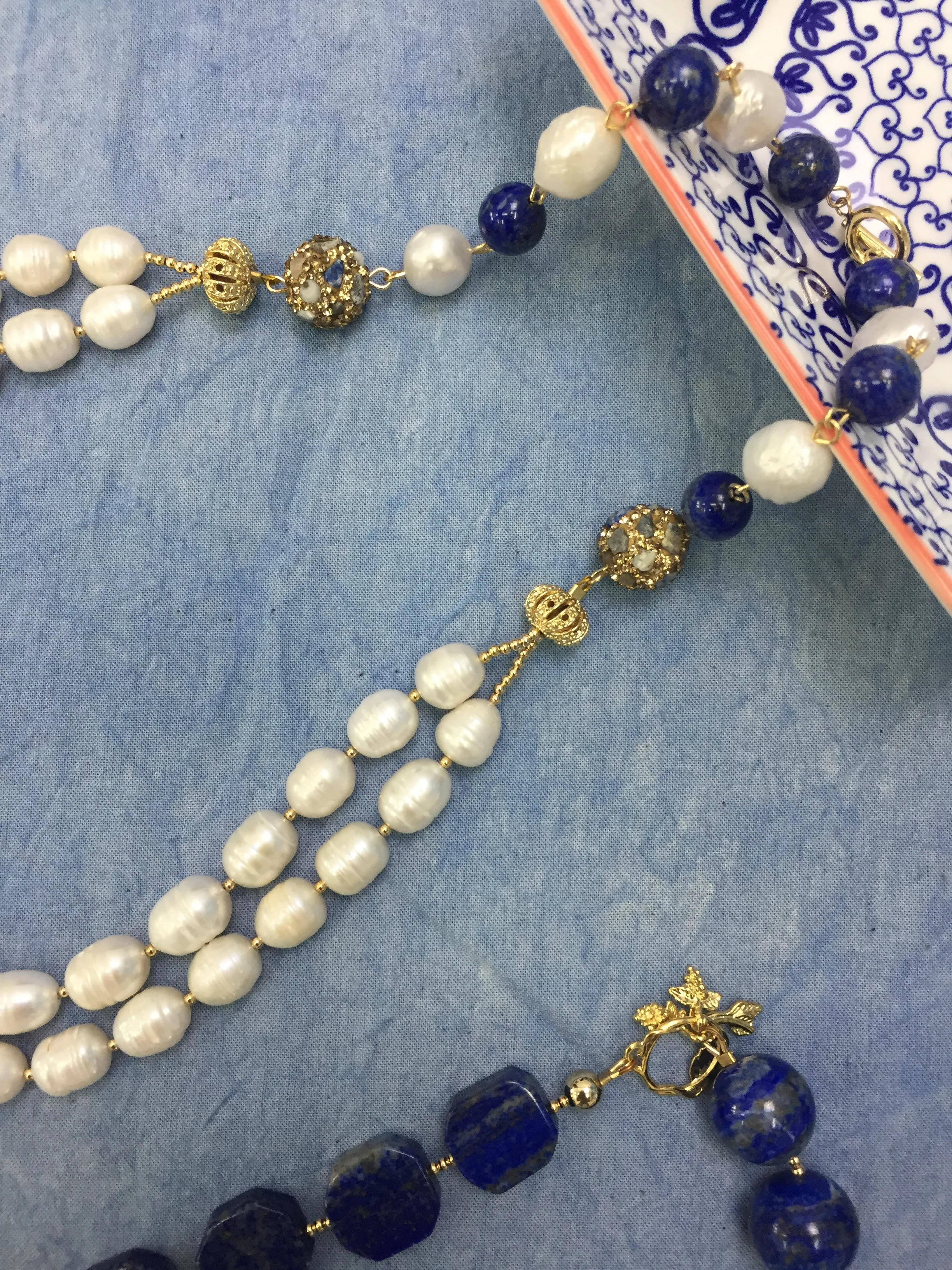 Freshwater Pearls With Lapis Double Strands Necklace CN004