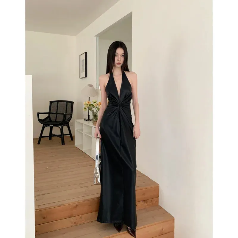 Girlary Black Elegant Party Dresses Sling Women's Clothing Dress Sexy Solid V-neck NEW Fashion Retro Summer Sleeveless Ball Dress