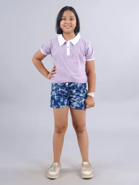 Girls Crop Length Polo Tee & Basic Roll Up Hot Shorts Set