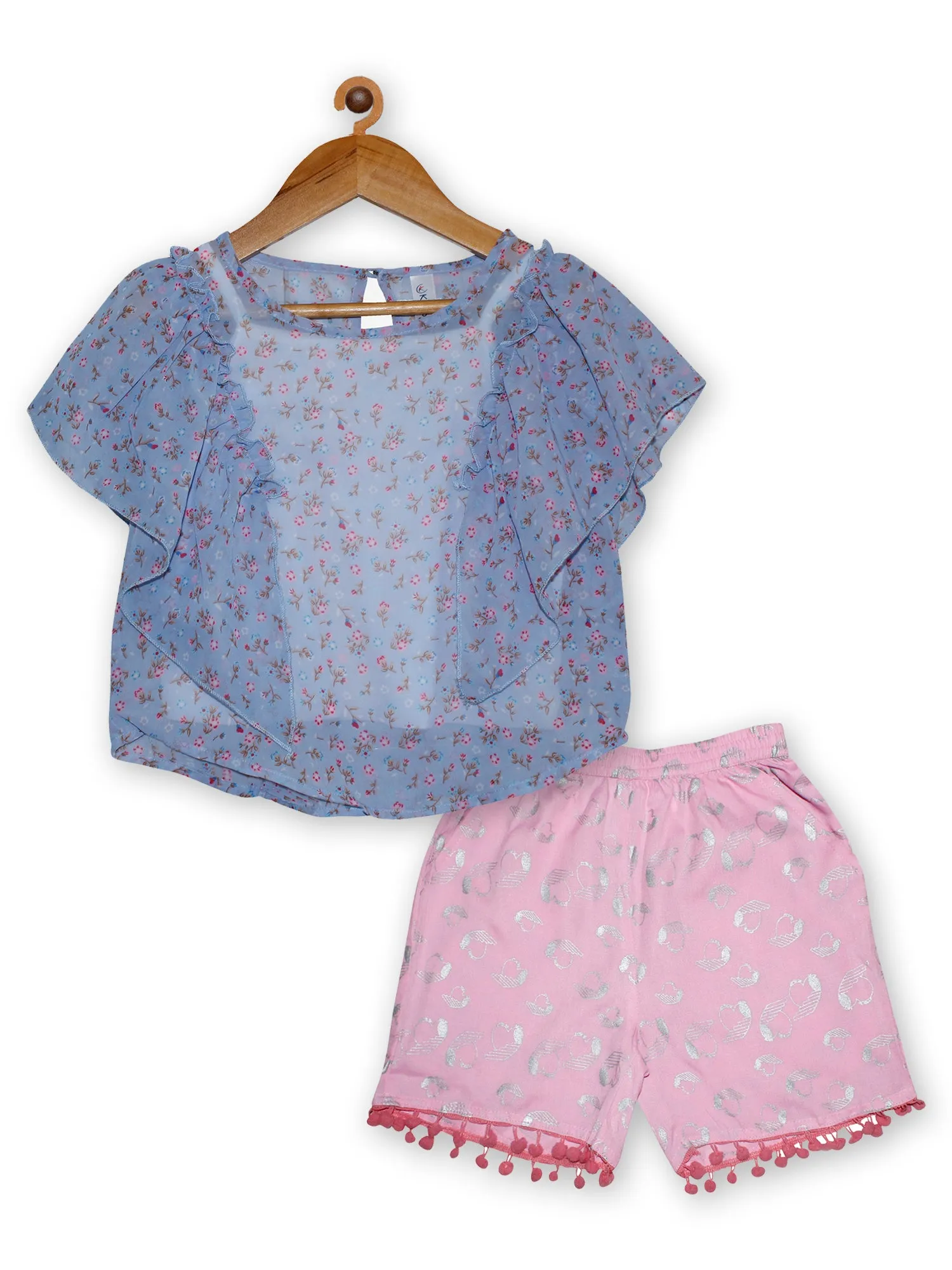 Girls Frill Shoulder Top  & AOP Print Shorts Set