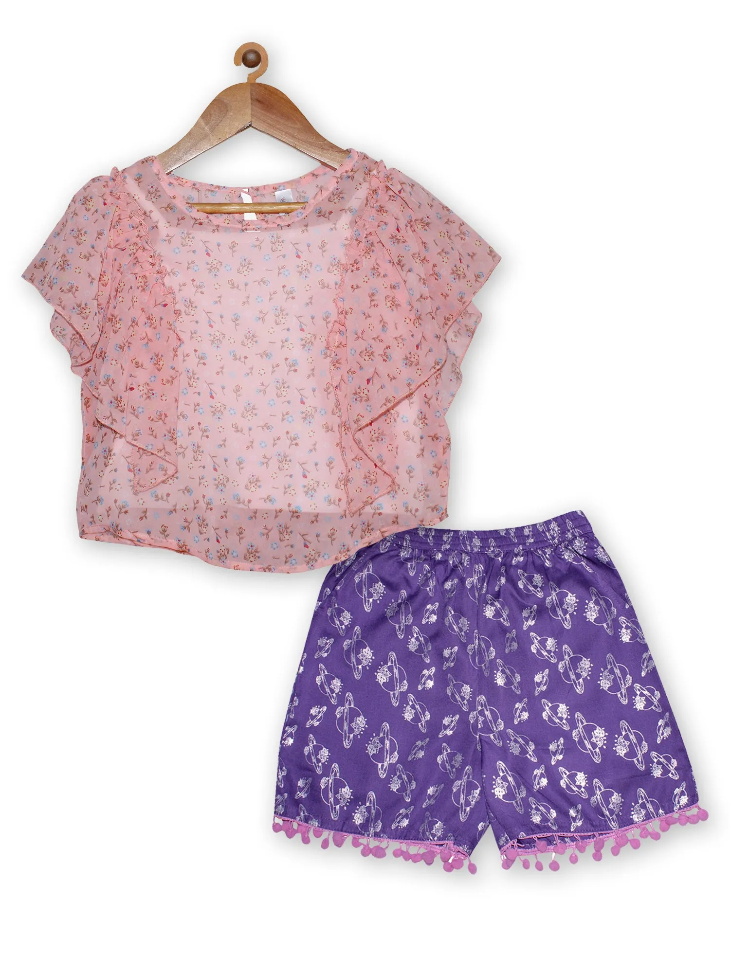 Girls Frill Shoulder Top  & AOP Print Shorts Set