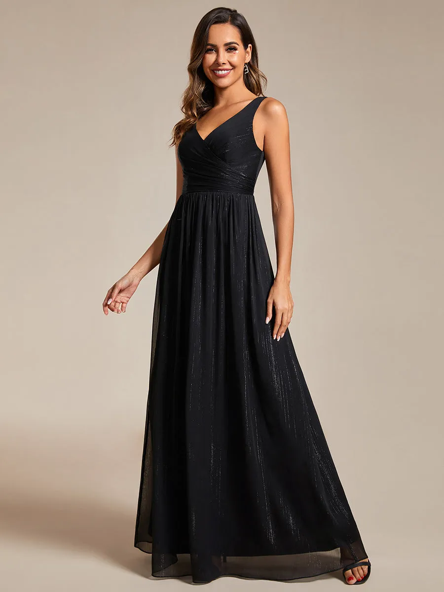 Glittery Floor Length V-Neck Sleeveless Evening Dress