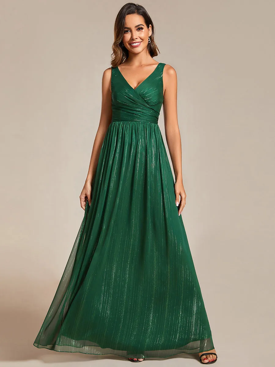 Glittery Floor Length V-Neck Sleeveless Evening Dress