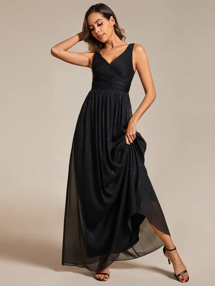 Glittery Floor Length V-Neck Sleeveless Evening Dress