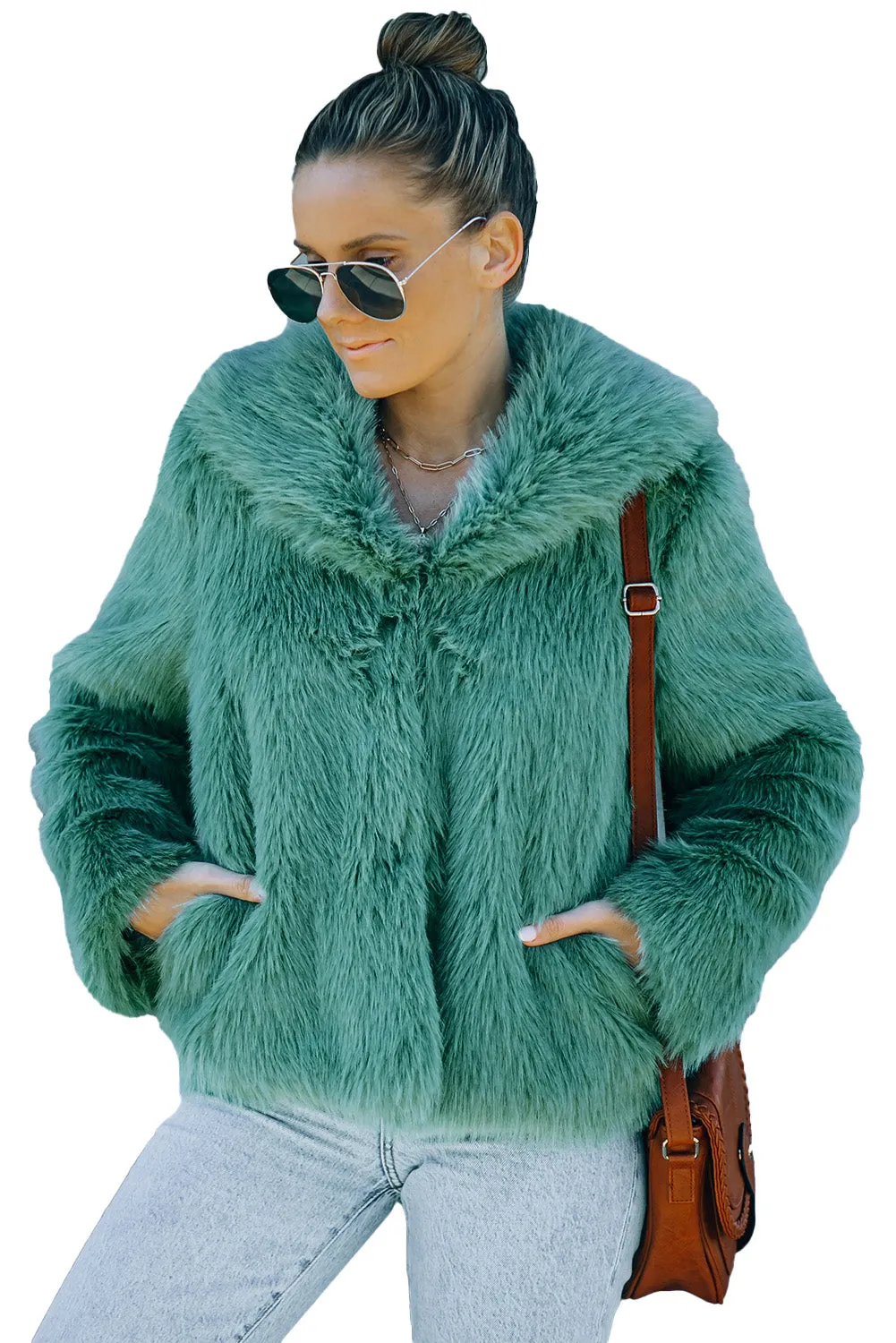 Green Collared Side Pockets Winter Fuzzy Coat