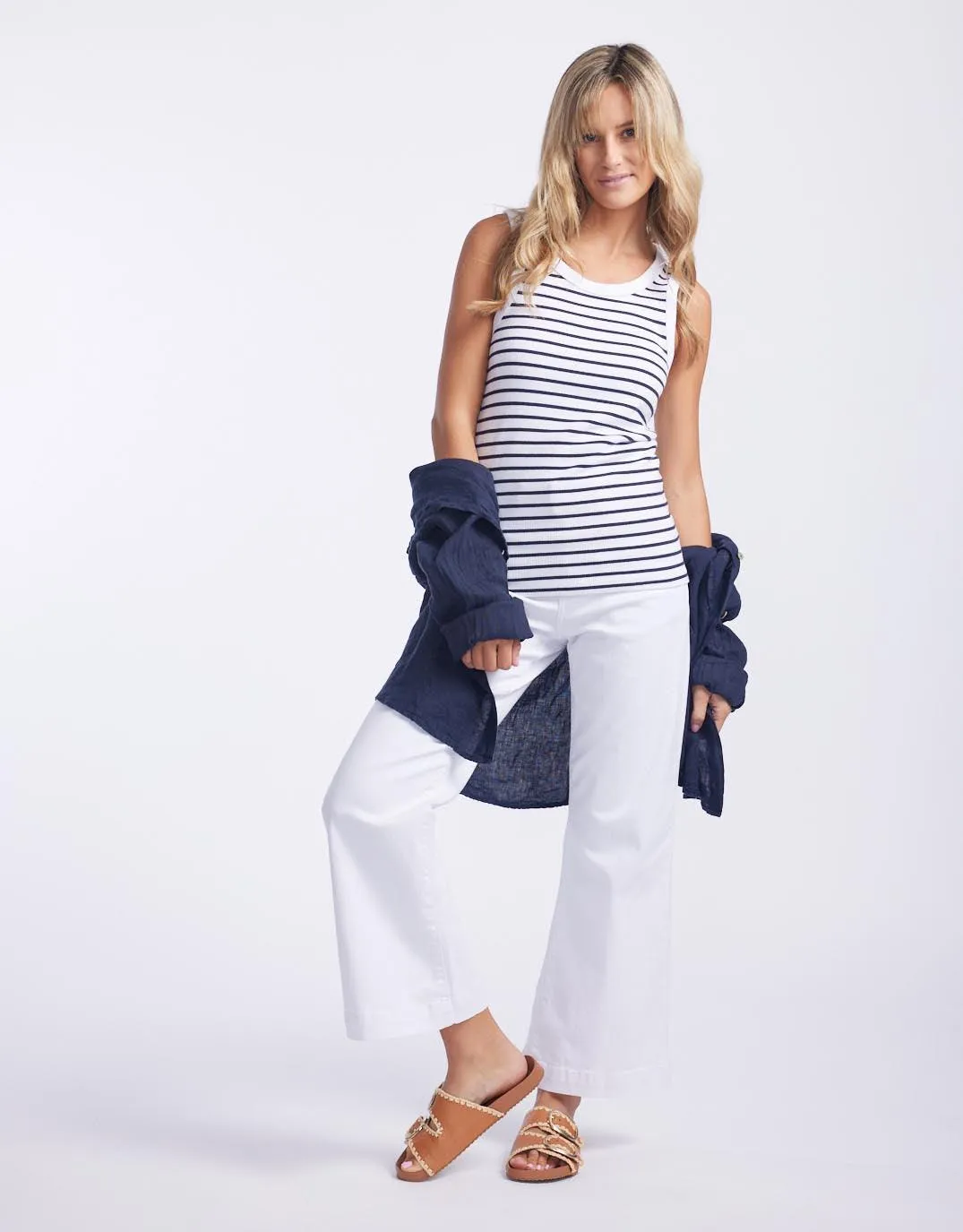 Indra Stripe Tank - White With Navy Stripe