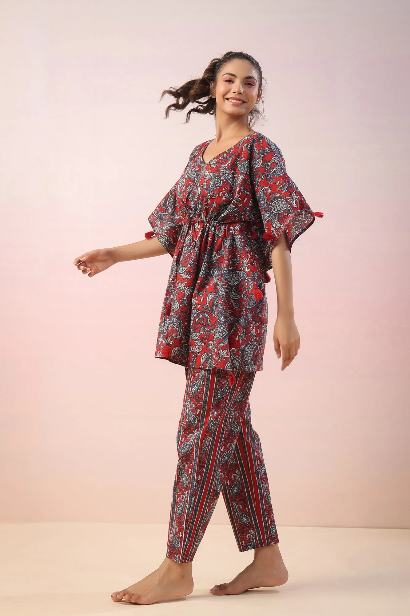 Jaal Print on Red Kaftan Co-ord Set