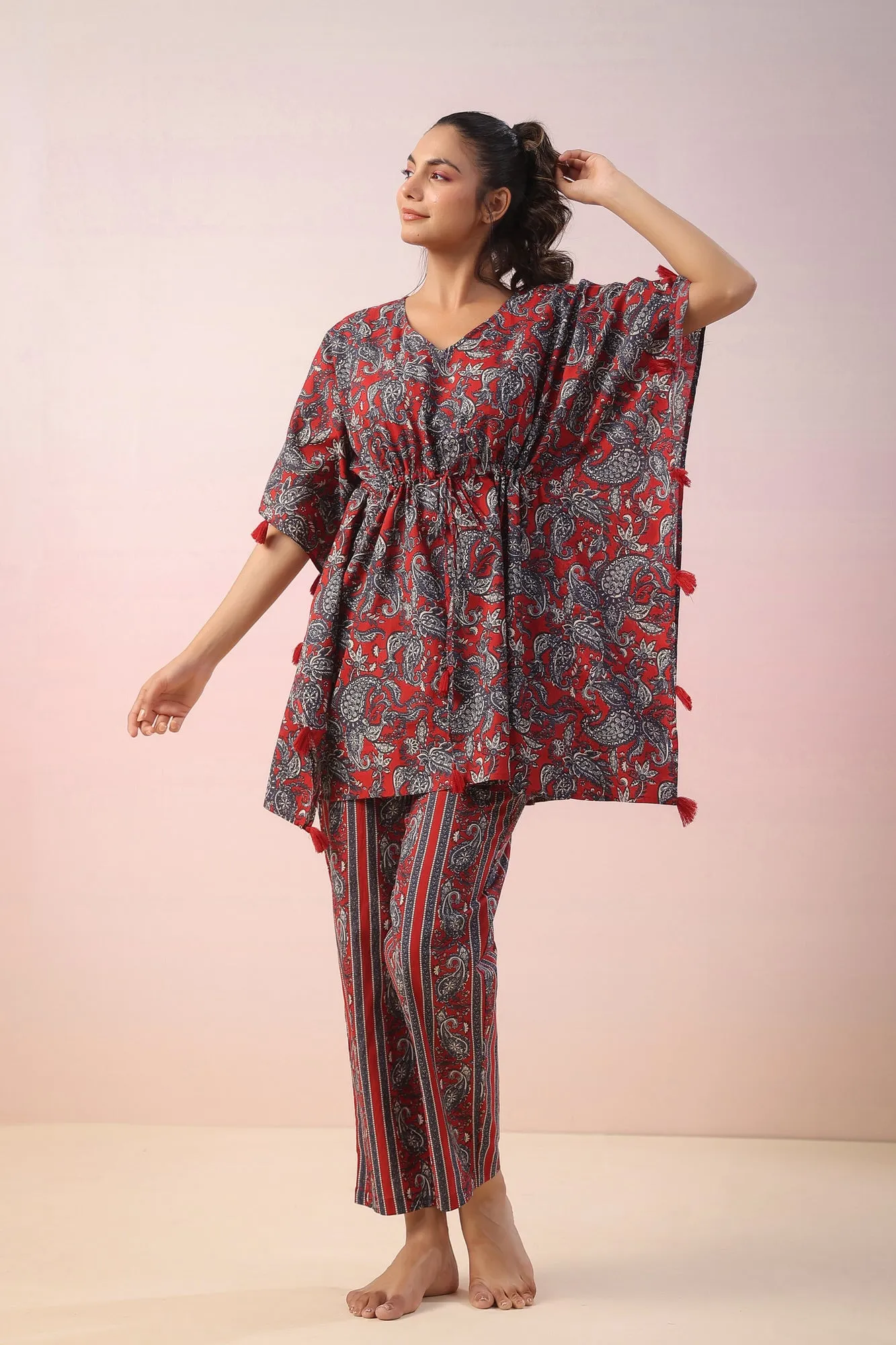 Jaal Print on Red Kaftan Co-ord Set