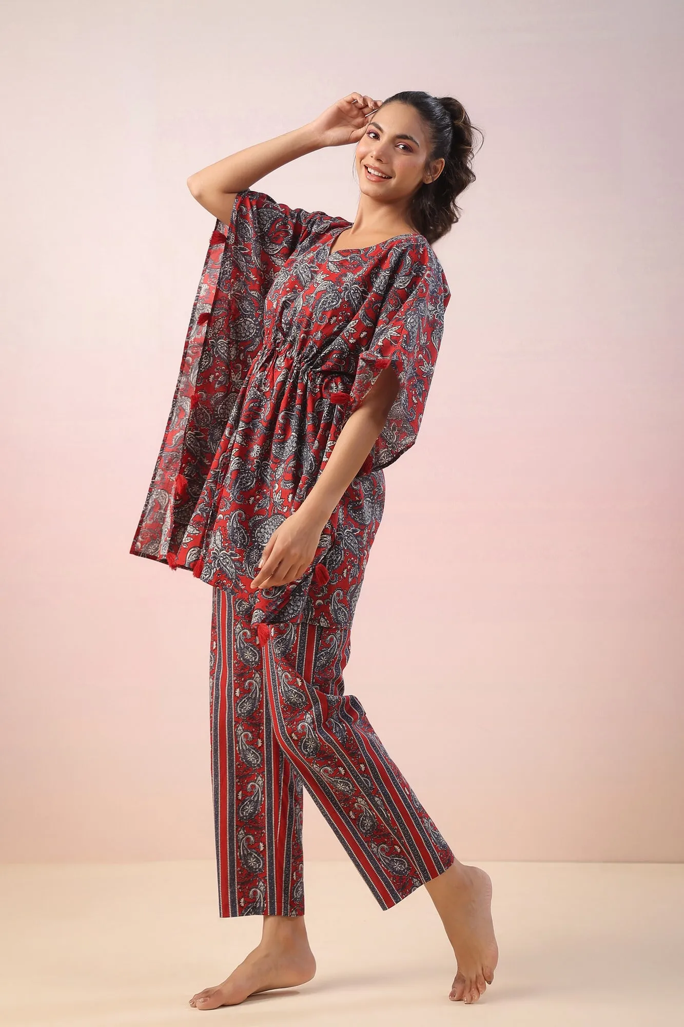 Jaal Print on Red Kaftan Co-ord Set