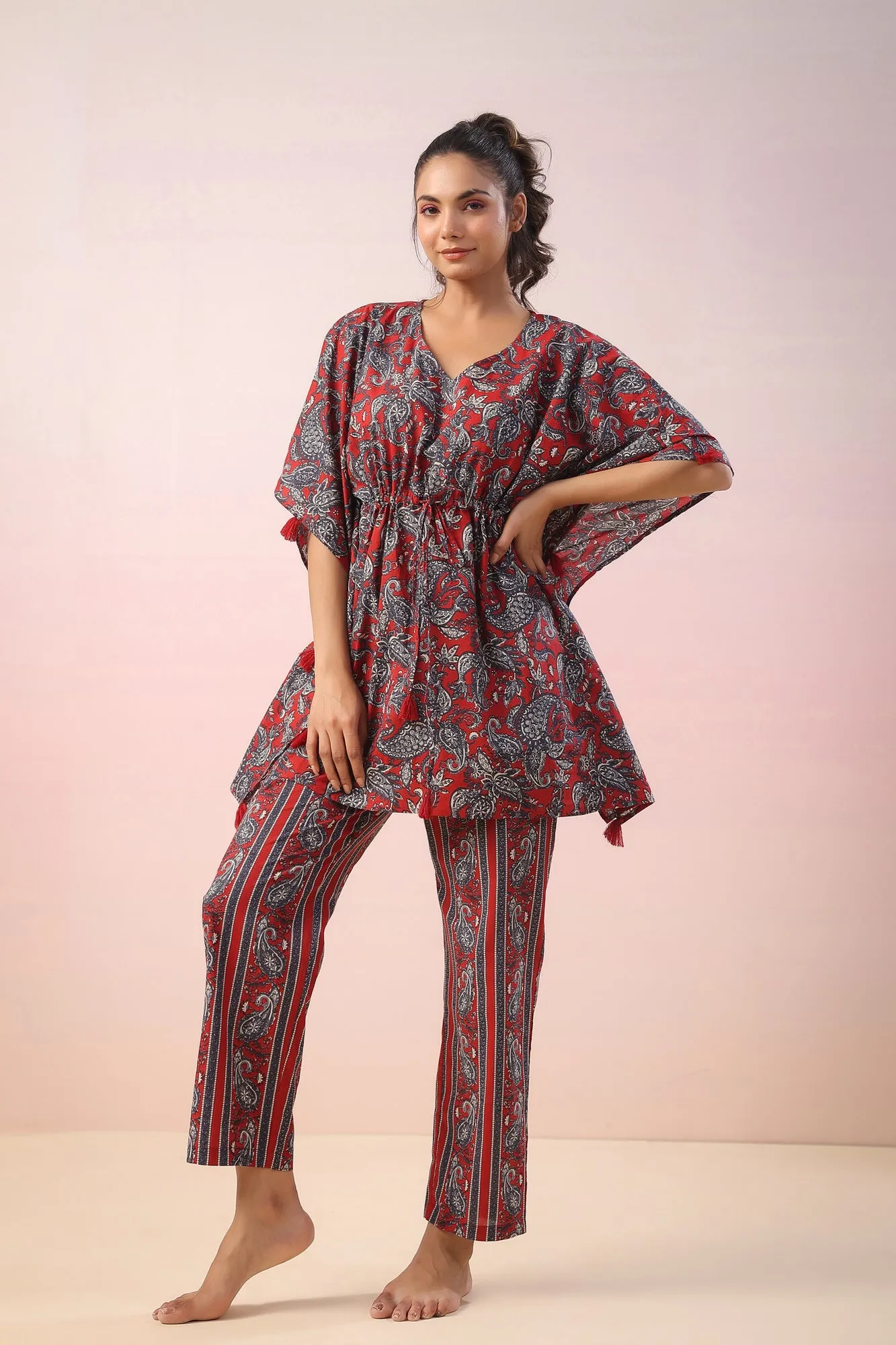 Jaal Print on Red Kaftan Co-ord Set