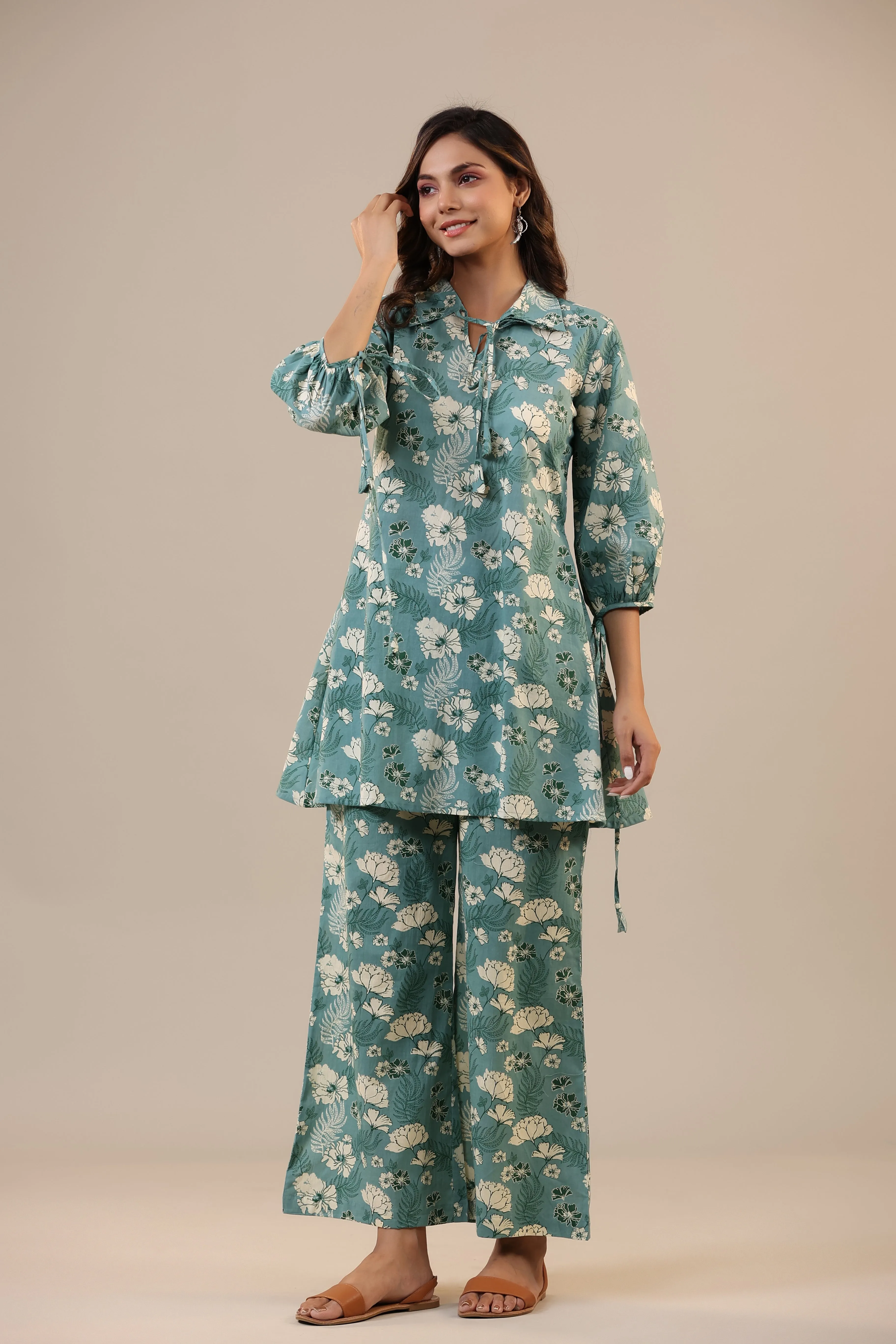 Jasmine on light Blue Cotton Collared Loungewear Set